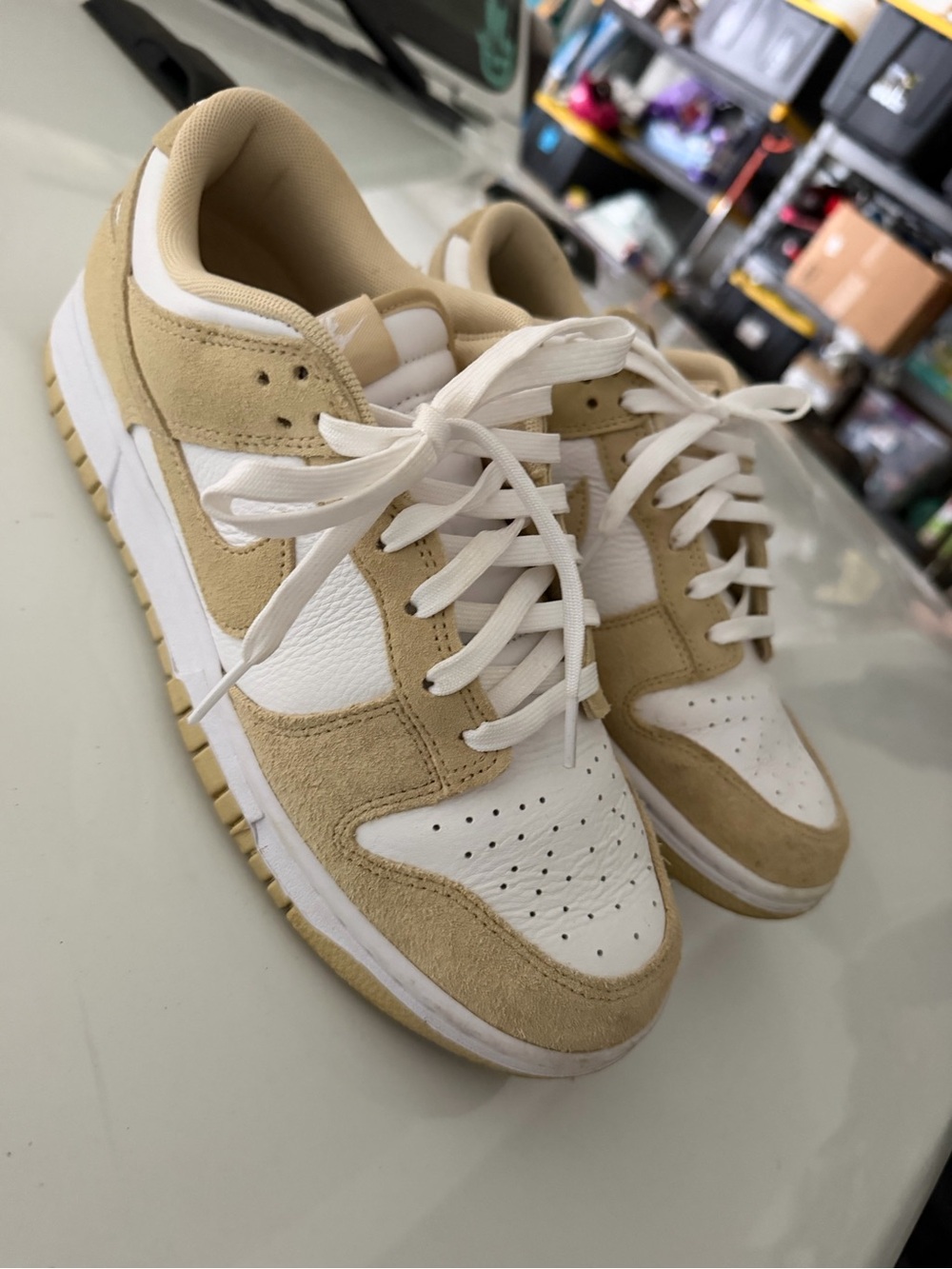 Low-Top Suede & Leather Sneakers in White and Tan
